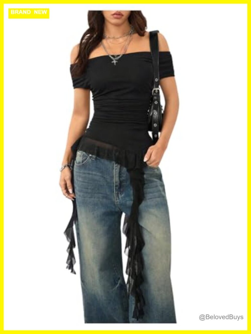 Off Shoulder Asymmetrical Mesh Top Y2K Slim Fit Women's